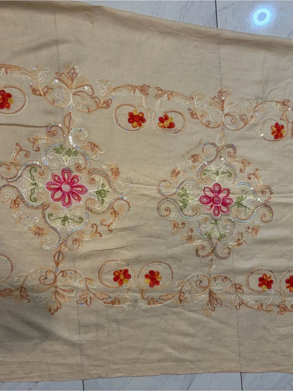 Embroidered Floral Beige shawl/scarf Accented with Pink Flowers and sequins